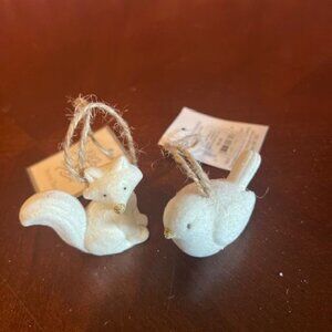 Set Of 2 fox and bird decorative white Animal Hanging Christmas Ornaments